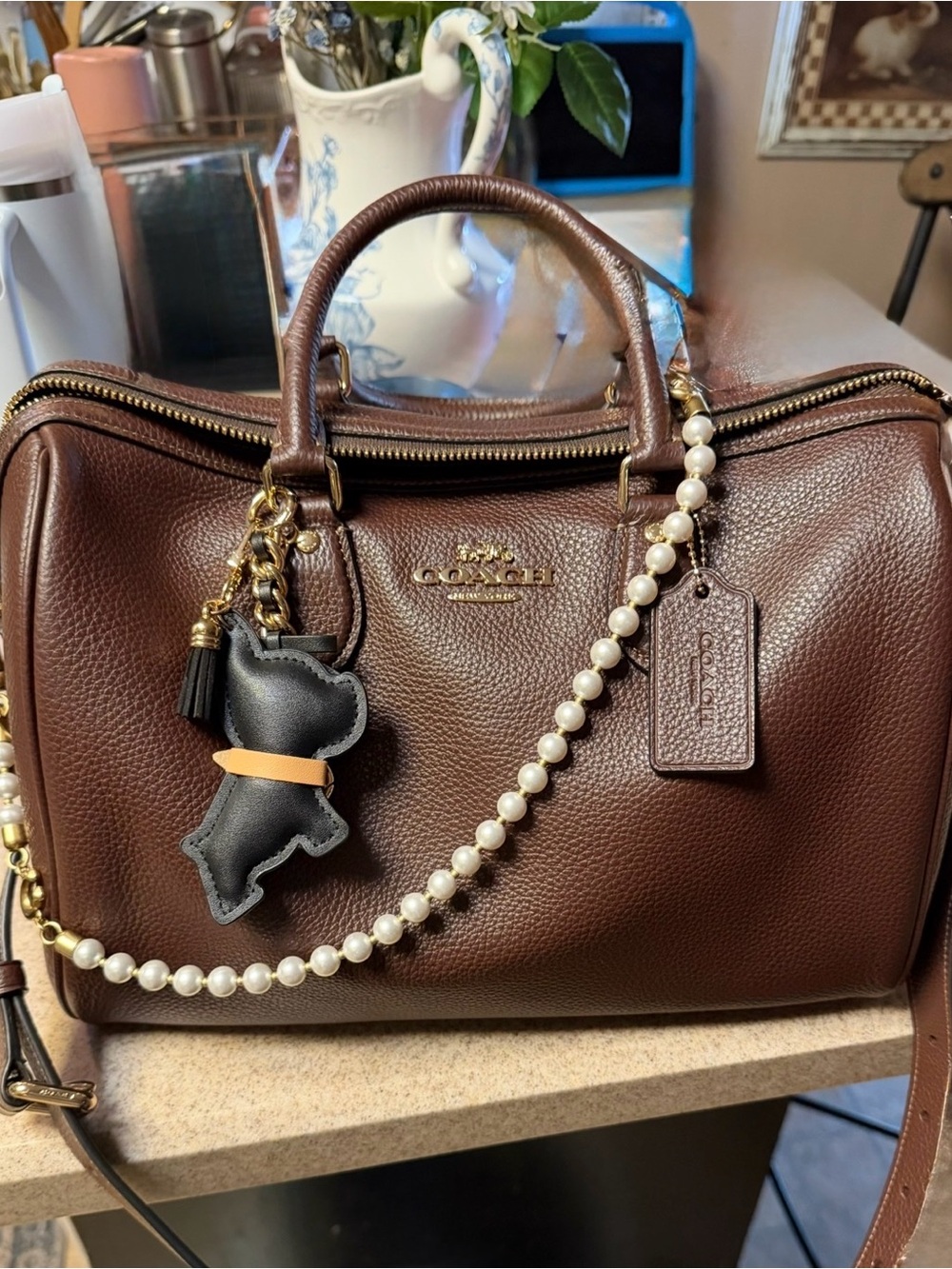 Coach Brown Leather Satchel with Top Handles and Adjustable Strap - Picture 4 of 5